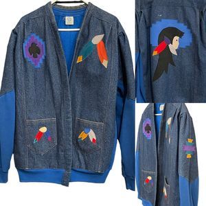 RARE Vtg Southwest Embroidered Handmade Denim Jean Jacket Sweater Pannill XXL